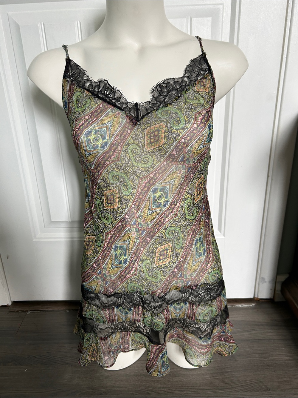 Victoria's Secret Paisley Lace-Trim Sheer Chemise in Green Multicolor